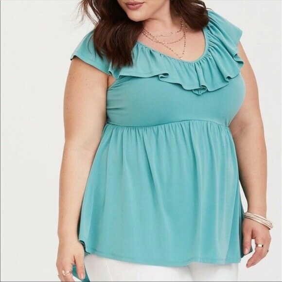 NWT Torrid size 1 Kitty Seafoam Green Flutter Sleeve Babydoll Ruffle Top - Picture 2 of 8